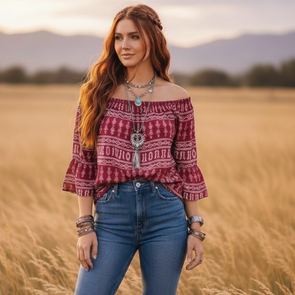 Lucky Brand Red Maroon Boho Hippie Off Shoulder Geometric Peasant Blouse Size M